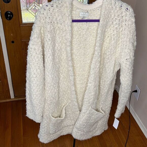Lucky Brand Finn Ivory Fuzzy Wool Open Long Chunky Knit Cardigan Sweater Size La - Picture 6 of 6